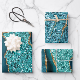 Elegant Teal Glitter Ocean Agate Birthday Party Wrapping Paper Sheets