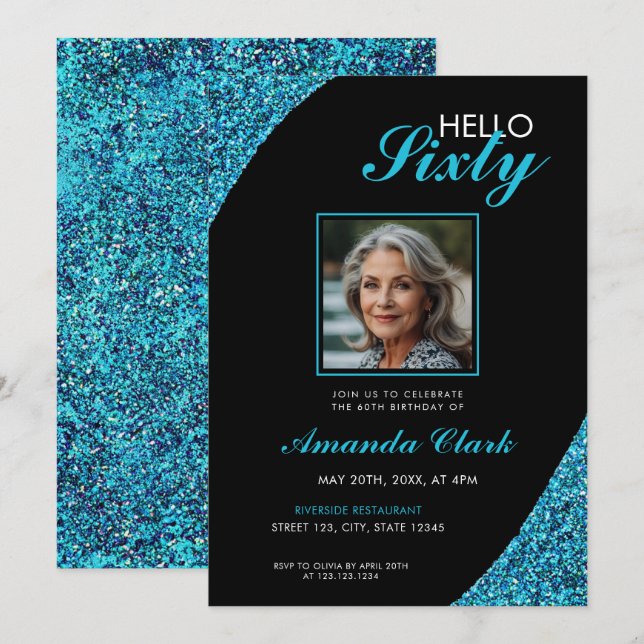 Elegant Teal Glitter Photo 60th Birthday Invitation (Front/Back)