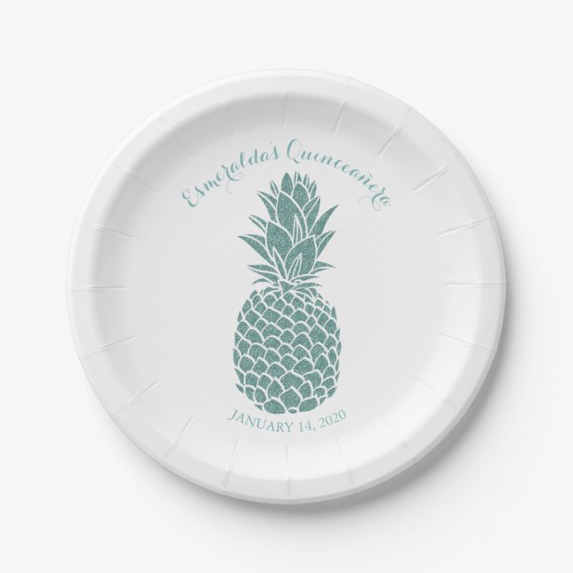Elegant Teal Glitter Pineapple Quinceanera Party Paper Plates (Front)