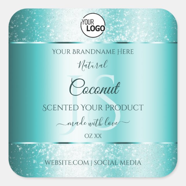 Elegant Teal Glitter Product Labels Monogram Logo (Front)