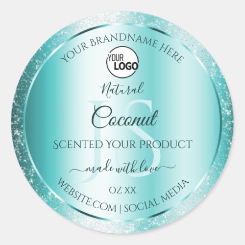 Elegant Teal Glitter Product Labels Monogram Logo