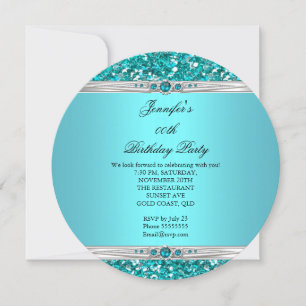 Elegant Teal Glitter Silver Diamond Pearl Birthday Invitation