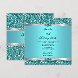 Elegant Teal Glitter Silver Diamond Pearl Birthday Invitation