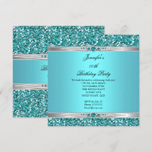 Elegant Teal Glitter Silver Diamond Pearl Birthday 5.25x5.25 Square Paper Invitation ...