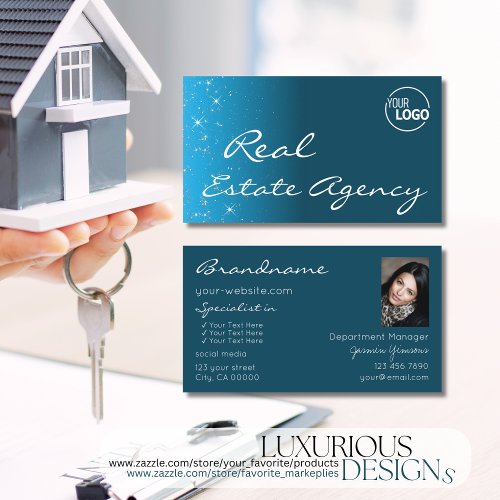 Elegant Teal Glitter Stars with Logo and Photo Business Card
