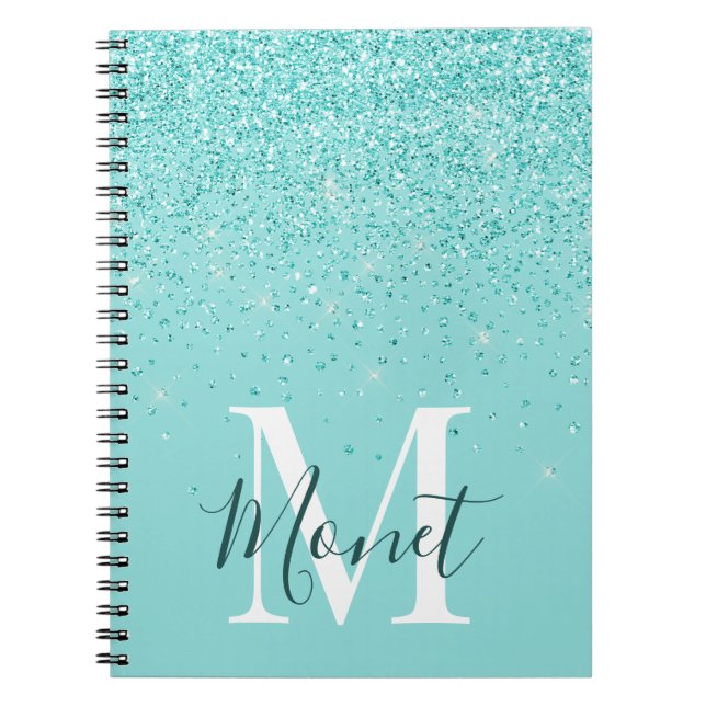 Elegant Teal Glitters Monogrammed Notebook (Front)
