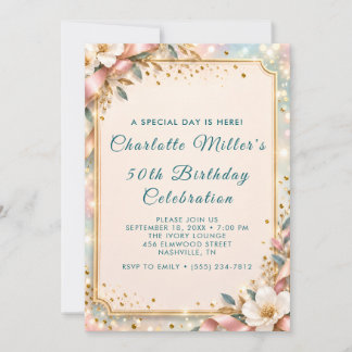 Elegant Teal Gold 50th Birthday Invitation