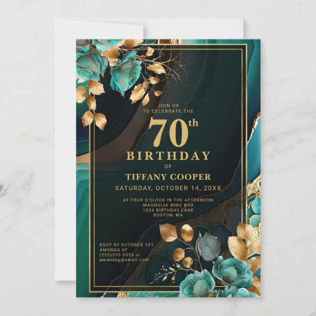 Elegant Teal Gold 70th Birthday Party Invitation (Front)
