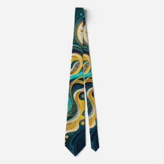 Elegant Teal Gold Abstract Flow Art Neck Tie