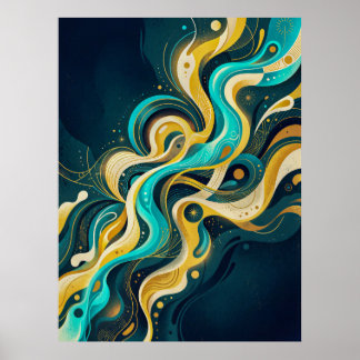 Elegant Teal Gold Abstract Flow Art Poster