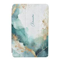 Elegant Teal Gold Abstract Watercolor Custom Name