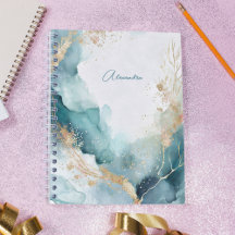 Elegant Teal Gold Abstract Watercolor Custom Name
