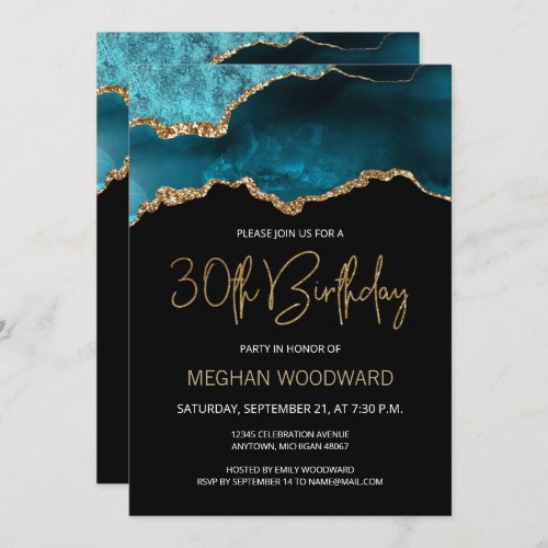 Elegant Teal Gold Agate 30th Birthday Invitation