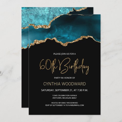 Elegant Teal Gold Agate 60th Birthday Party Invitation