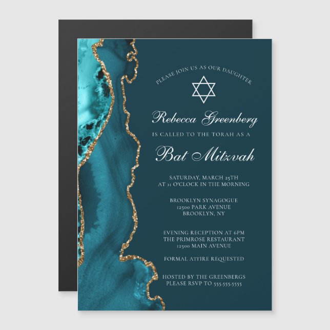 Elegant Teal Gold Agate Bat Mitzvah Party Magnetic Invitation (Front/Back)