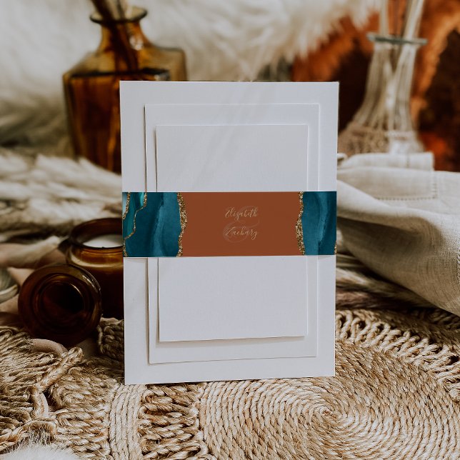 Elegant Teal Gold Agate Burnt Orange Wedding Invitation Belly Band (Creator Uploaded)