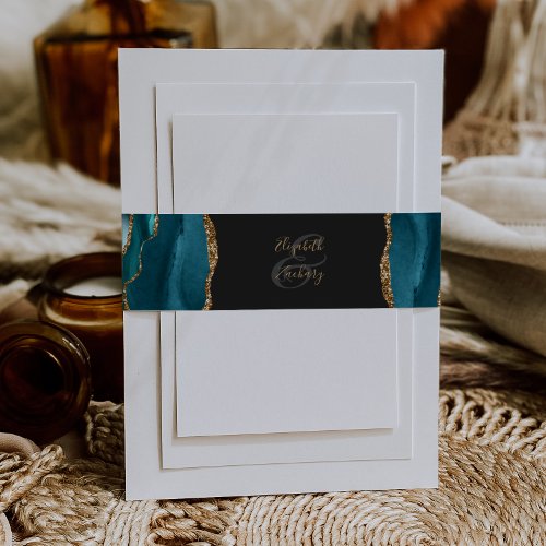 Elegant Teal Gold Agate Dark Wedding Invitation Belly Band