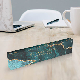 Elegant Teal Gold Agate Geode Professional Desk Name Plate