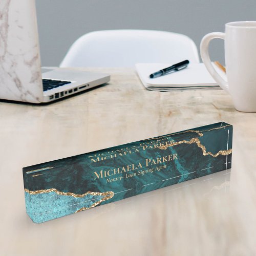 Elegant Teal Gold Agate Geode Professional  Desk Name Plate