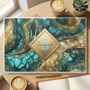Elegant Teal Gold Agate Marble Monogram Name HP Laptop Skin