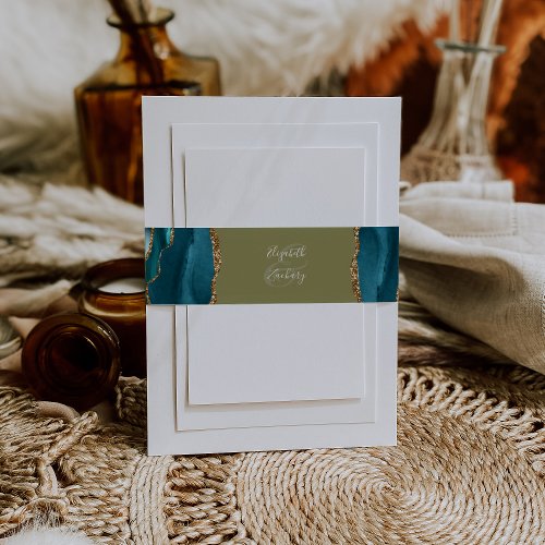 Elegant Teal Gold Agate Olive Green Wedding Invitation Belly Band