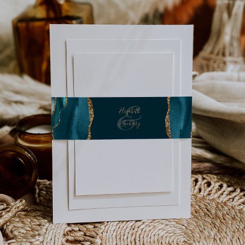 Elegant Teal Gold Agate Wedding Invitation Belly Band