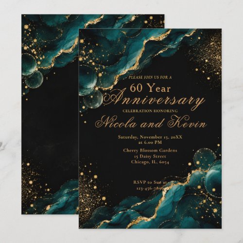 Elegant Teal Gold Alcohol Ink Wedding Anniversary Invitation