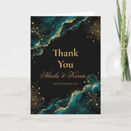 Elegant Teal Gold Alcohol Ink Wedding Anniversary Thank You Card