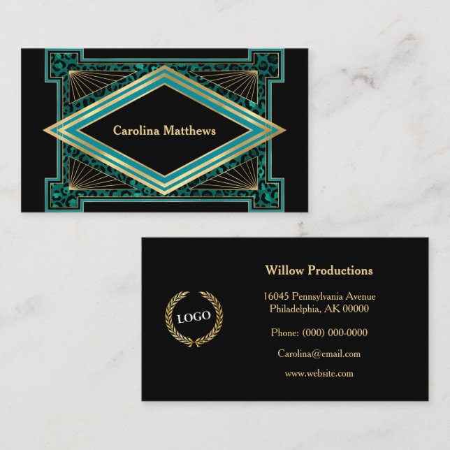 Elegant Teal Gold Art Deco Business Card (Front/Back)