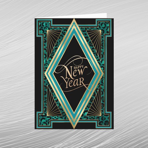 Elegant Teal Gold Art Deco New Year Holiday Card
