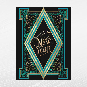 Elegant Teal Gold Art Deco New Year Holiday Postcard
