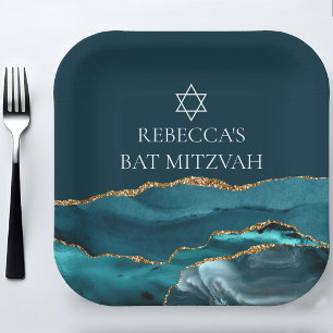 Elegant Teal Gold Bat Mitzvah Party Custom Paper Plates