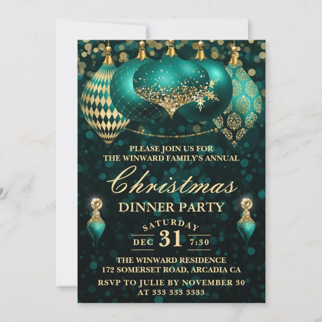 Elegant Teal & Gold Baubles Christmas Dinner Party Invitation (Front)