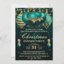 Elegant Teal & Gold Baubles Christmas Dinner Party Invitation