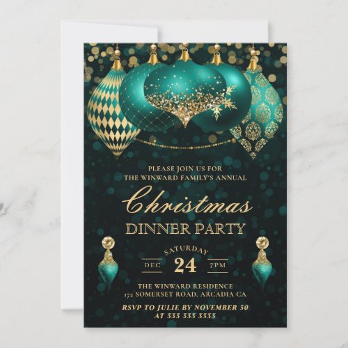 Elegant Teal  Gold Baubles Christmas Dinner Party Invitation