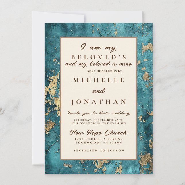 Elegant Teal Gold Bible Verse Christian Wedding Invitation (Front)
