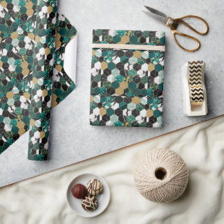 Elegant Teal, Gold & Black Geometric Marble Wrapping Paper