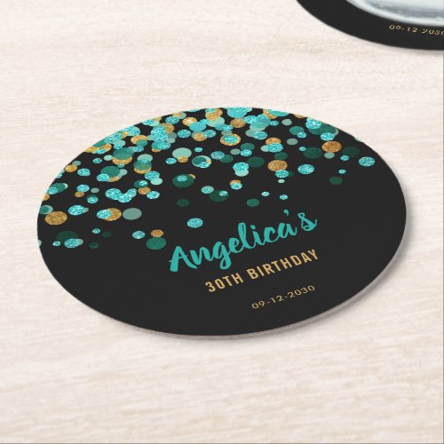 Elegant Teal Gold Black Glitter Confetti Birthday Round Paper Coaster