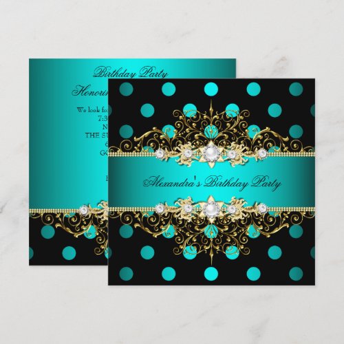 Elegant Teal Gold Black Polka Dots Birthday Party Custom Invitation Card