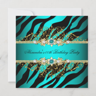 Elegant Teal Gold Black Zebra Birthday Party 2 Invitation