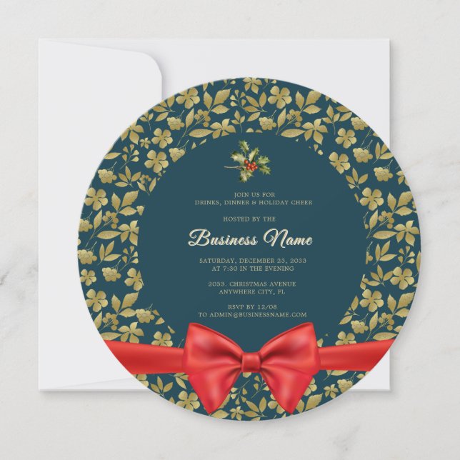 Elegant teal gold Christmas Business Party Invite (Front)