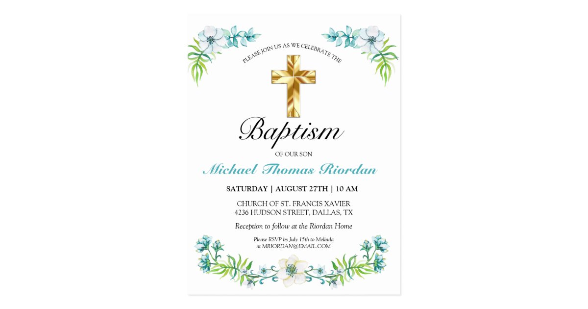 Elegant Teal Gold Cross Boy Baptism Invitation Postcard