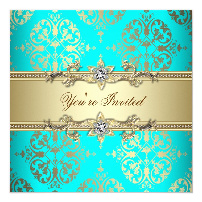 Elegant Teal Gold Damask Party Invites