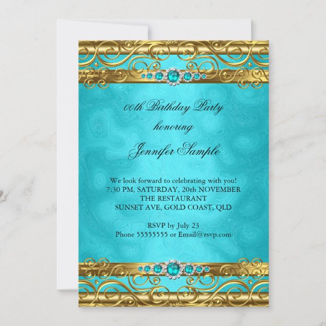 Elegant Teal Gold Damask Pearl Birthday Party Invitation (Front)