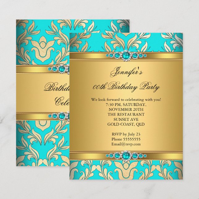 Elegant Teal Gold Damask Pearl Birthday Party Invitation (Front/Back)