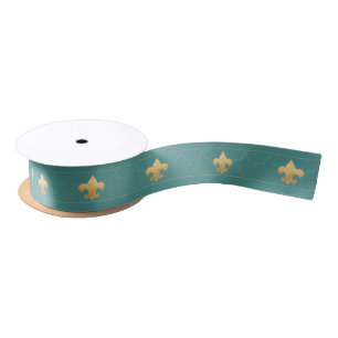 Elegant Teal & Gold Fleur De Lis Ribbon