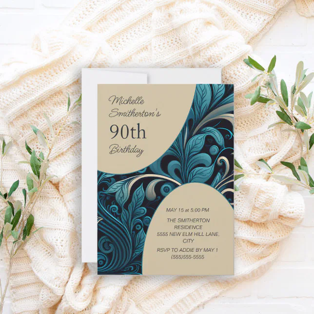 Elegant Teal Gold Floral 90th Birthday Invitation Zazzle