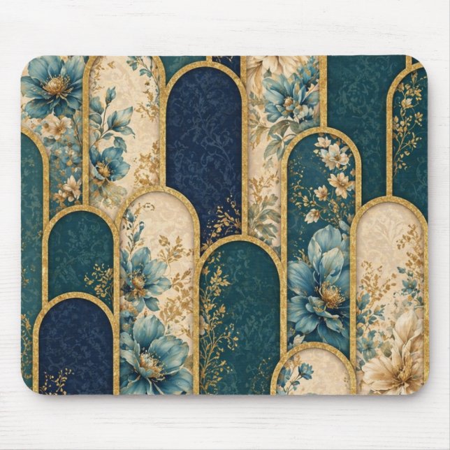 Elegant Teal & Gold Floral Arch Mouse Pad  (Front)