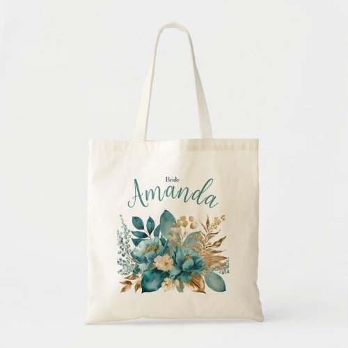 Elegant Teal  Gold Floral bride Tote Bag