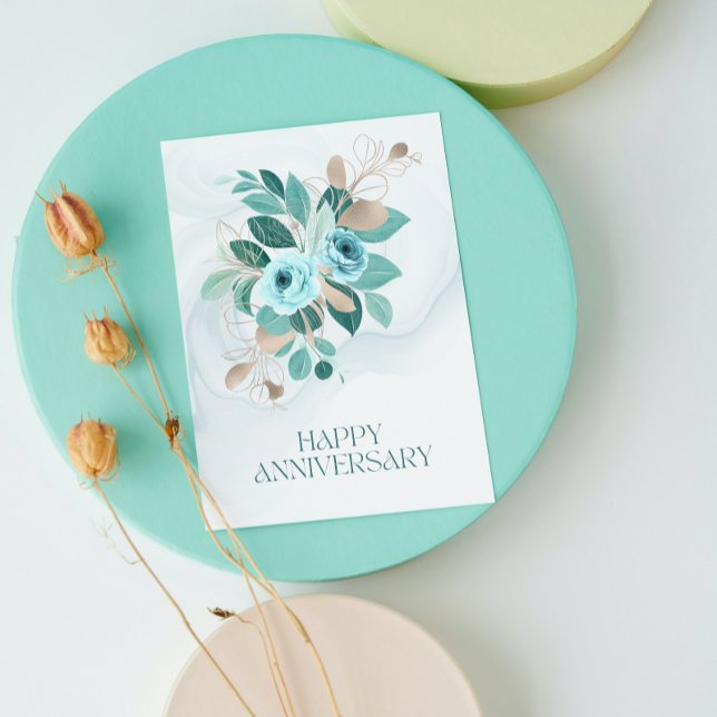 Elegant Teal Gold Floral Happy Anniversary  Holiday Card (Creator Uploaded)